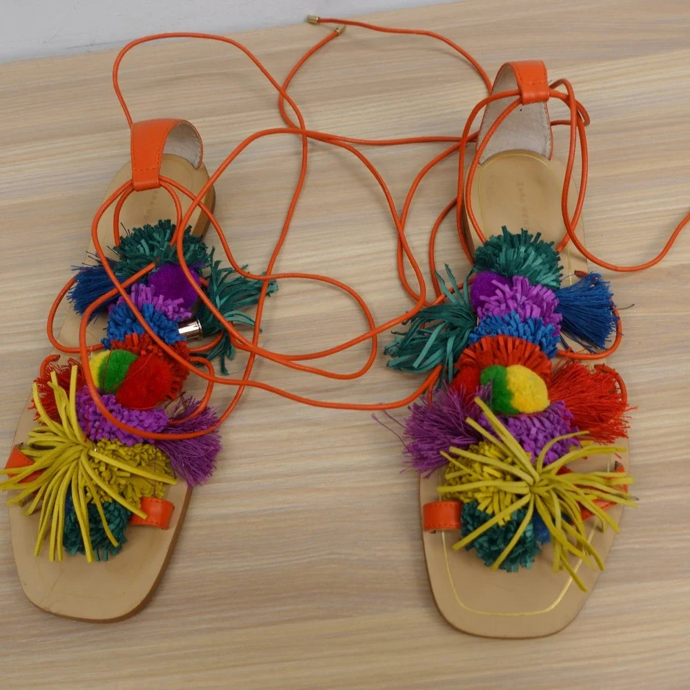 Zara Womens Gladiator Sandals 39 8.5 Y2K Boho Summer Festival Pom Pom Tassel